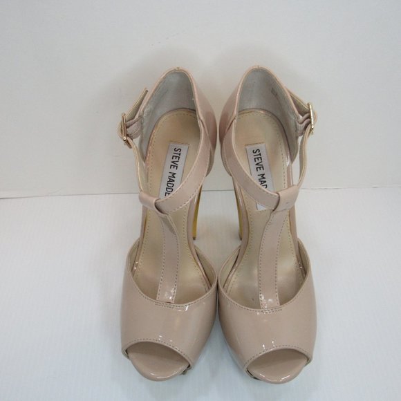 Steve Madden Dyvine Beige T Bar Peep Toe Platform Gold Heel Pumps - Picture 11 of 15